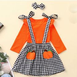 New Toddler Girls 3-Piece Pumpkin Gingham Overall Skirt Outfit Set 4/5