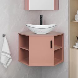 28-Inch Floating Bathroom Corner Vanity with Open Shelve, Pink Wall Mounted Design for Small Space, Ceramic Boat Sink Set