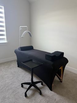 lash bed, table, lamp