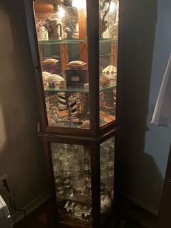Lighted Wood and Glass Corner Curio Cabinet