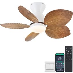 Kviflon 30 Inch Ceiling Fans with Lights, Indoor Outdoor Tropical Ceiling Fan with Remote/APP Control, Flush Mount Palm Leaf Ceiling Fan Light for Bed
