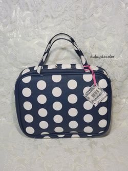 Dabney Lee Navy Blue White Polka Dot Cosmetic Travel Large Toiletry Bag Zip Tote