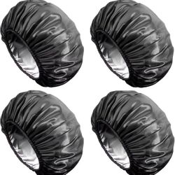  Shower Cap, Extra Large Shower Cap for Men, Satin EVA Double Layer Waterproof Reusable Hair Cap for Women Long Hair(All Black 4 Pack)