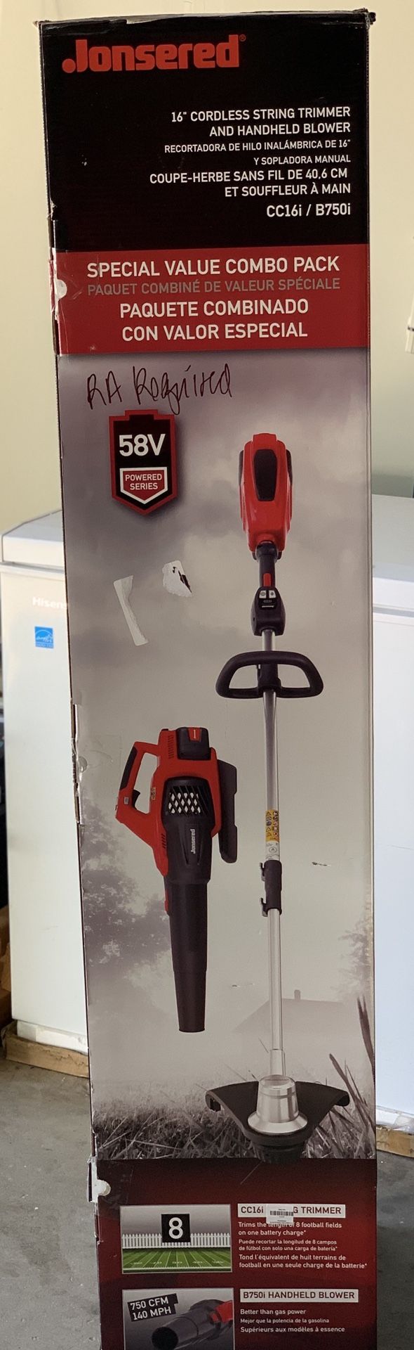 Jonsered 58V combo pack trimmer and Blower cordless New Box open