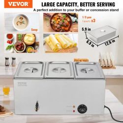 171】Pan Commercial Food Warmer, 17.4QT Electric Steam Table, 1200W Professional Countertop Stainless Steel Buffet Bain Marie with 86-185°F Temp Contro