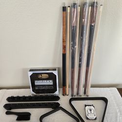 Legacy Billiards Pool Table Accessory Kit With 4 Pool Cues Sticks Walnut Finish 