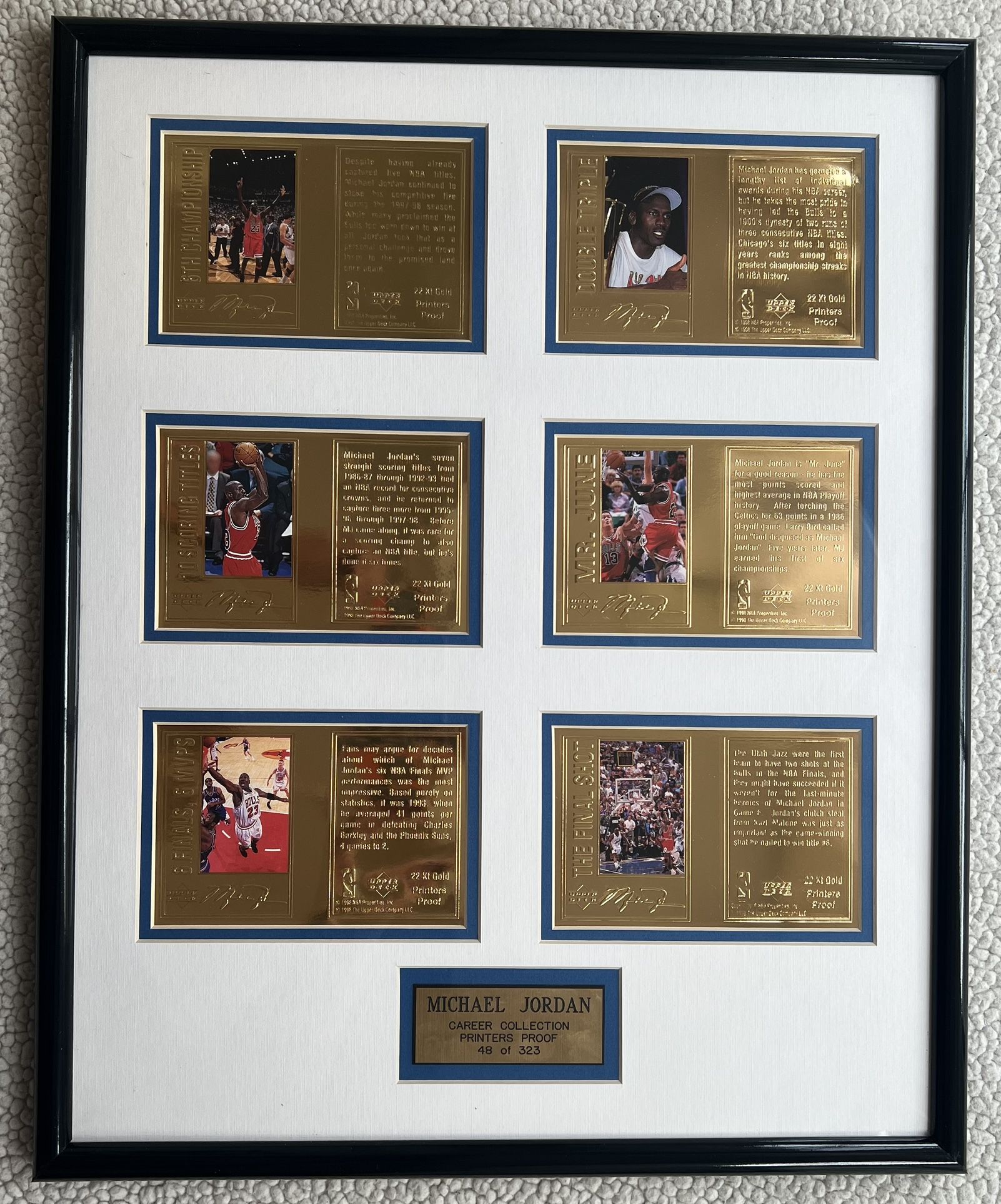 1998 Upper Deck MICHAEL JORDAN CAREER COLLECTION (6) 22KT Gold Printers Proof Framed LE Card Set