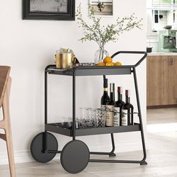 Bar Cart, Home Bar Serving Cart with Extra-Large Wheel, Removable Tray & Wine Rack, Modern2 Tier Storage Carts for Drink, Rolling Wine Carts for Home,