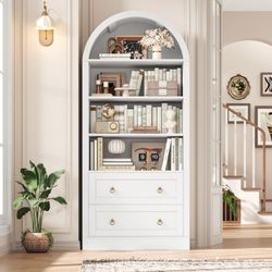 70"Tall Arched Bookshelf, 4-Tier Bookcase with 2 Large Drawers, Wooden Display Shelf with Storage for Living Room Home Office, White