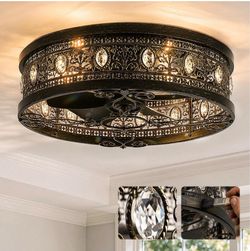 2026 Upgrade Caged Ceiling Fans with Lights, 18" Flush Mount Ceiling Fan with Remote, Low Profile Crystal Fandelier, 6 Speeds,Timing,Quie Motor,Farmho