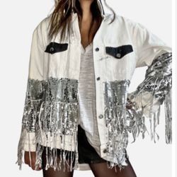 Women’s White VIP Denim Fringe Jacket