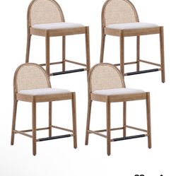 Counter Height Barstool (Set Of 4)  Linen Upholstered Rattan Caning Back