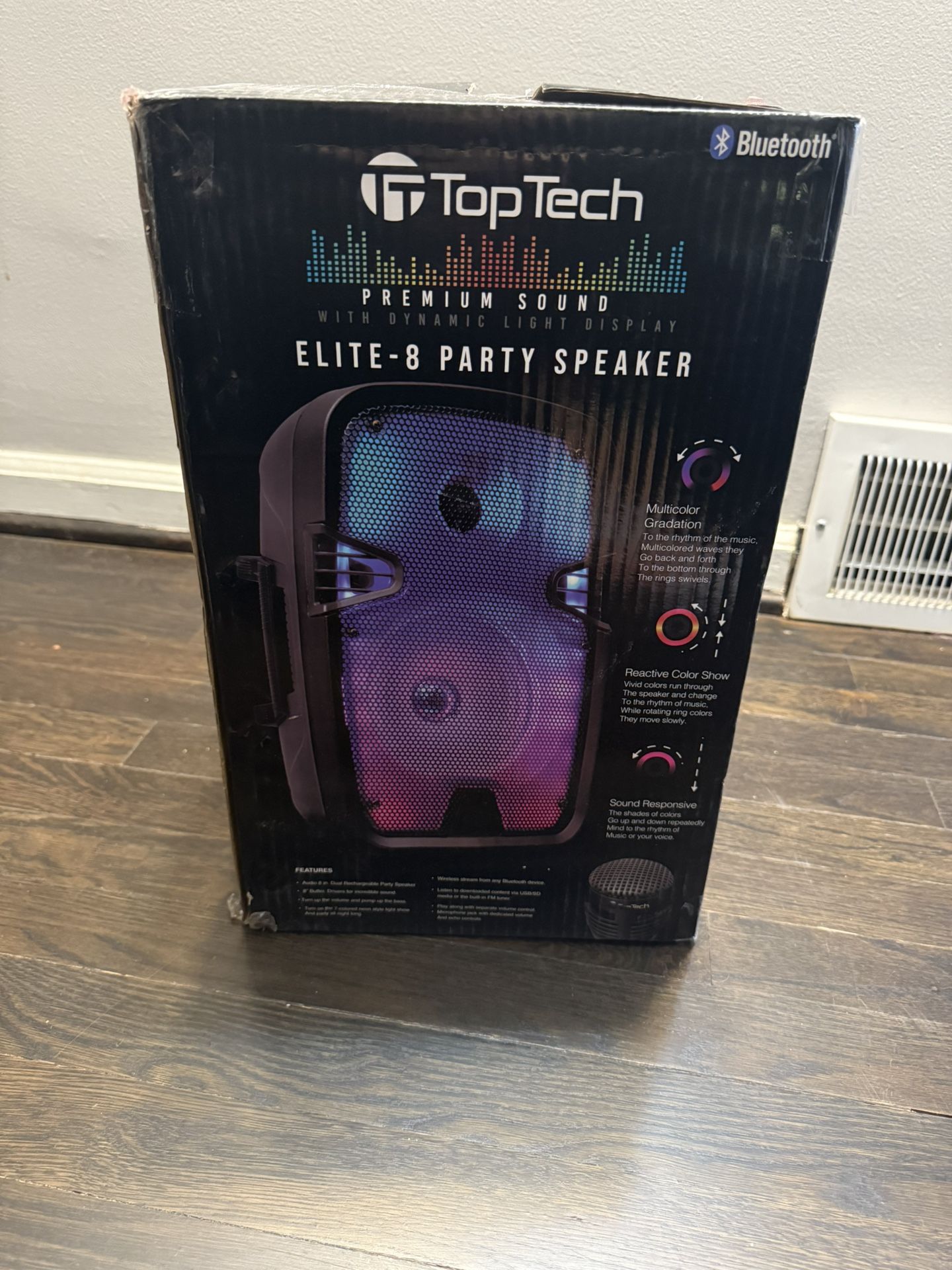 Toptech elite-8, 8" bluetooth speaker with flame lights, wireless microphone, 10m range