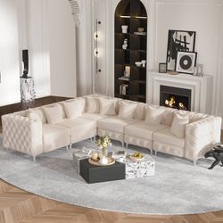 Large L-Shaped Modular Sofa, 6-Seat Velvet Sectional Couch