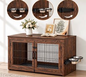 38 inch Dog Crate Furniture with 360°Rotatable Removable Dog Bowls, Upgraded Sturdy Door Lock,