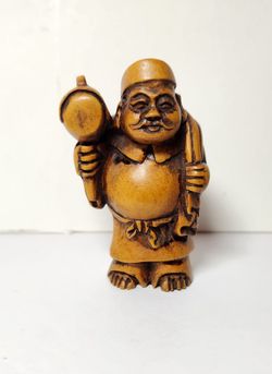 Japanese Boxwood Carved Netsuke Daikoku God of Wealth w Mallet & Bag Signed -2"