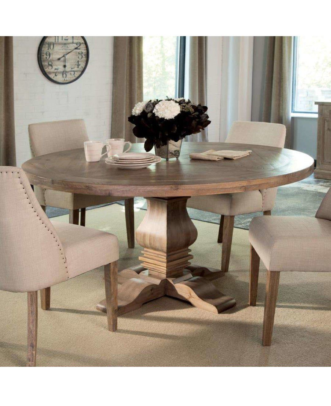 Round wooden dining table w/ hairpin legs