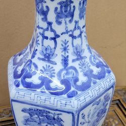 Vintage Oriental Large & Heavy Cobalt Blue & White Hexagonal 14" Tall Floral Vase. Asian Art Hibiscus Flower and Grape Vine Decor