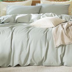 MooMee Full Size Duvet Cover Set 100% Washed Cotton Linen Like Texture Bedding, Sage Green