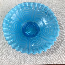 Fenton Blue Opelescent Reverse Drape Ruffle Bowl
