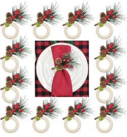 NEW 12 Pack Christmas Napkin Rings - Wood Ring with Pine Sprig, Berries, and Pinecones  