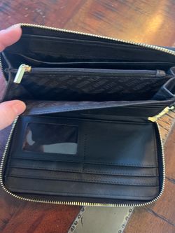 Steve Madden Black Saffiano Zip Wallet with Gold Accent