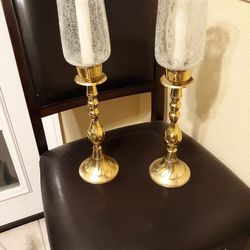 Solid Brass Vintage candle holders with glass & 2 new candles Thumbnail