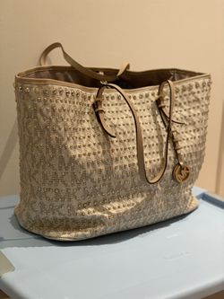 Michael Kors Travel Studs Beige MK PVC Leather Signature Logo Tote Bag