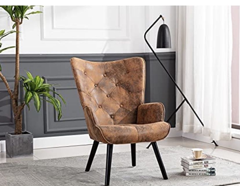 Coffee Microfiber Fabric Wingback Accent Chair with Wooden Legs