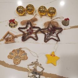 Lot of 12 Vintage Christmas Xmas Tree Ornaments Holiday Decor Star Nativity Set Bells Star Brass