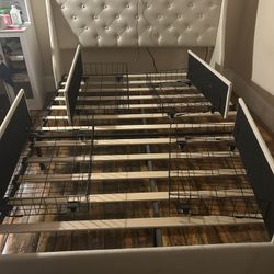 Beige Queen Bed Frame w/ 4 Storage Drawers & Built-In Outlet