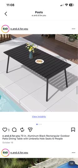 70 in. Aluminum Black Rectangular Outdoor Patio Dining Table with Umbrella Hole Seats 6-People