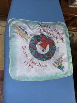 Vintage Japan silk handkerchief doilie scarf 12x12  Handpainted  dated 1(contact info removed) Christmas Mt Fuji
