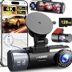4K+2K+2K 3 Channel Dash Cam Front and Rear, 128GB Card Included, Dash Camera for Cars 5.8G/2.4G Dual Wifi, Built-in GPS, Night Vision, WDR, 170°Wide A
