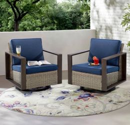 Set of 2 Outdoor Patio Swivel Rocking Chairs with Navy Blue Cushions – Comfortable Porch & Garden Seating