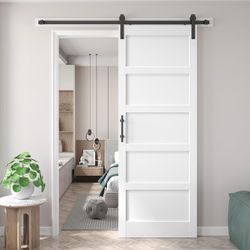 2568 $200 36x96 inch White Barn Door with 6.6FT MDF Sliding Door Hardware Kit Included & Handle,Solid PVC Surface,DIY Assembly,5-Panel Exquisite and
