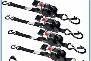 Heavy Duty Retractable Ratchet Straps, (4) 1" x 10' Tie Down Strap - 1,650lb Max