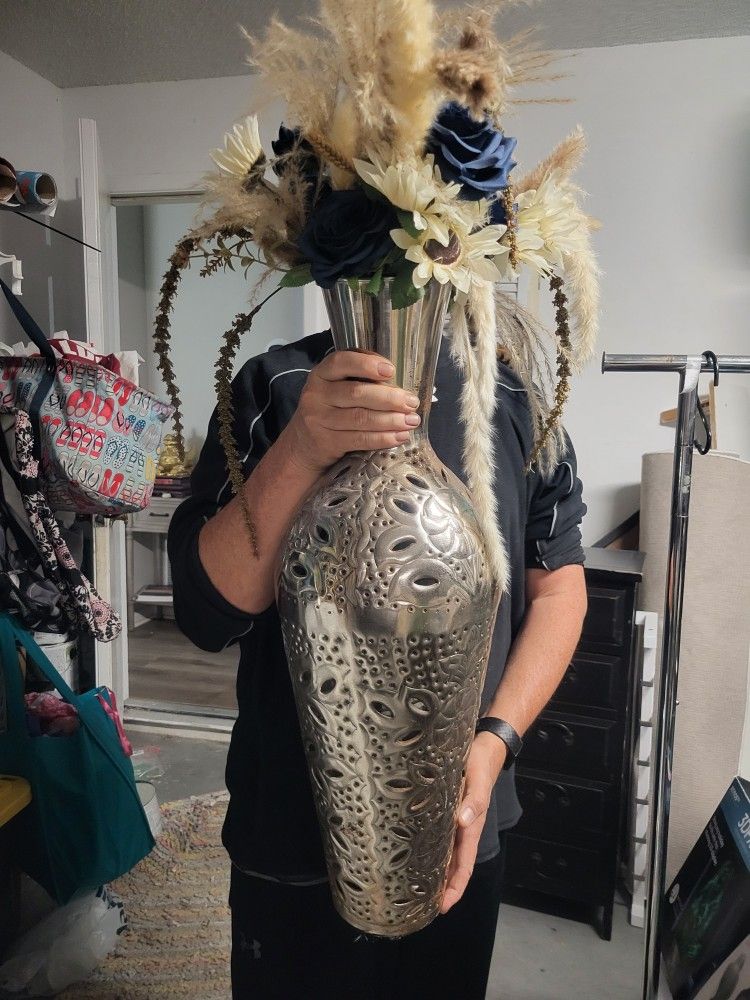 Large Silver Vase With Boho Flower Arrangement Home Decor