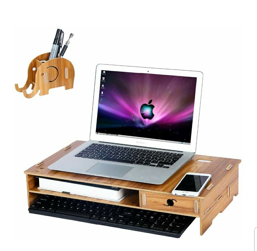 Wood Computer Monitor Stand Riser with Drawer and Mobile Phone Elephant Pen Holder Laptop Desktop Organizer with Keyboard