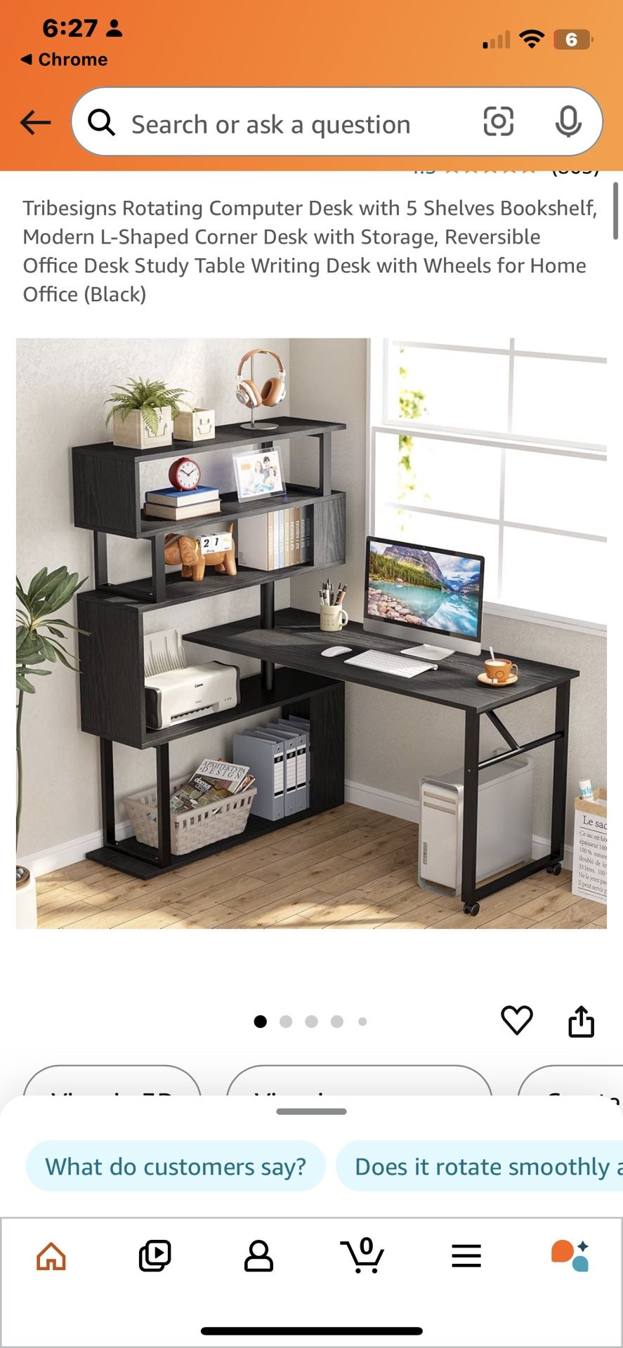 L Desk Rotating Computer Desk With 5-shelf Attached Bookshelf