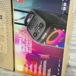Awesome JBL PartyBox Stage 320. This speaker has powerful bass boost and a futuristic lightshow. It has multi-speaker connection, dual mic and guitar 