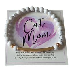 Cat Mom Beaded Stretch Bracelet Gift | White Marble Beads & Rose Gold Bar | New