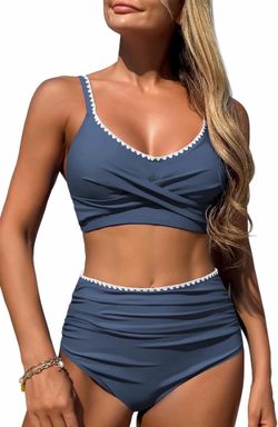 ZAFUL High Waisted Bikini Sets for Women Twist Front Ruched Color Block Two Piece Swimsuits Tummy Control Bathing Suit