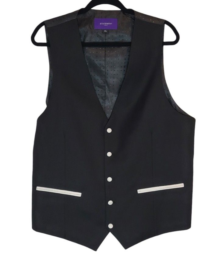 Statement Italy Single Breasted Black Suit Jacket Vest White Trim Size 44L NWOT