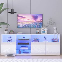 DMAITH TV Stand with LED Lights, 3 Storage Cabinet and Open Shelves High Gloss Entertainment Center Media Console Table Storage Desk for for 82/85/86 