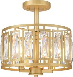 Gold Semi Flush Mount Ceiling 3-Light with K9 crystals chandelier, ceiling fixture (Never Used) Brand New