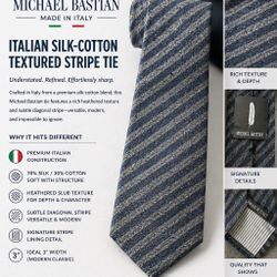Michael Bastian Italian Silk-Cotton Tie (3”) — Textured Blue Stripe