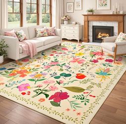 Floral Living Room Rug 9x12, Washable Boho Flower Area Rug, Non-Slip Low-Pile Carpet with TPE Backing for Bedroom, Kid Friendly Flower Rug for Playroo