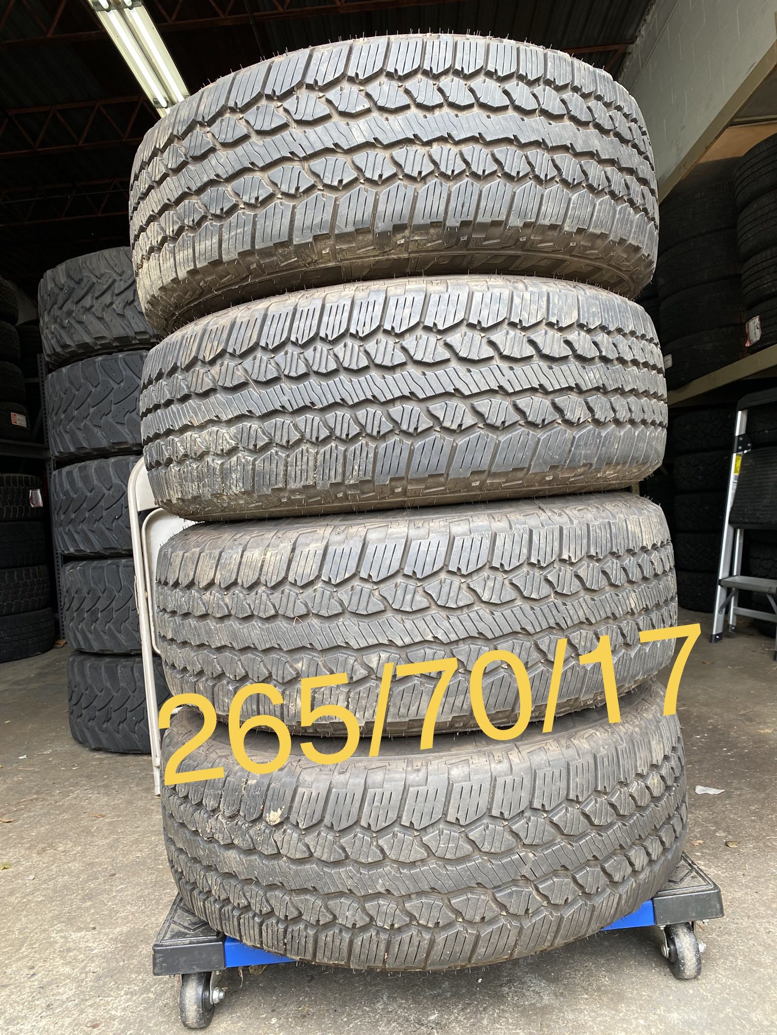 4) 265/70/17 Firestone Destination AT2 Tires Tread measures 9-10/32 White and Black letter Comes mounted in dodge ram wheels, the wheels are FREE.