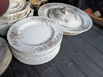 Antique White Floral Transferware Dinnerware Set